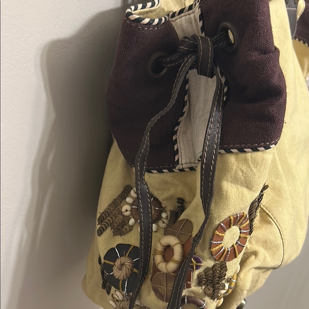 Anthropologie Yellow and Brown Embroidered Tote Vintage look gently Pre Loved - Picture 9 of 10